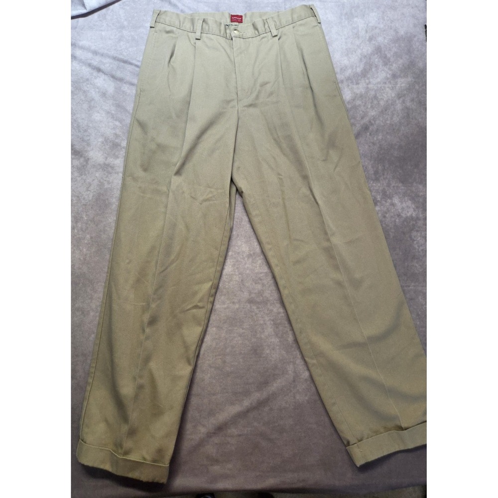 Arrow Pants Mens 36x34 Khaki Pleated Cuffed 100% Cotton Classic Career Preppy